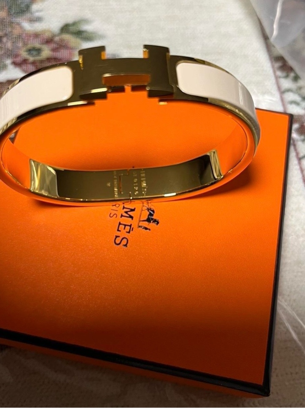 Hermes White Enamel Clic H Bracelet with Gold Hardware